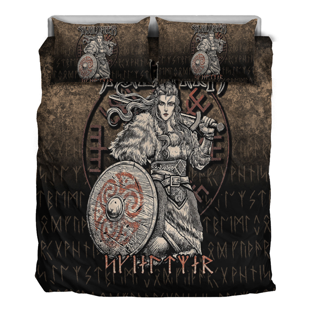 Viking Bedding Set Skjaldmaer Shieldmaiden Norse Younger Futhark Runes Female Viking Warrior Vegvisir