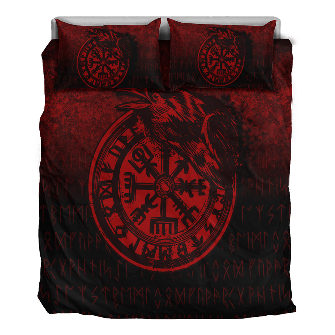 Viking Bedding Set Viking Vegvisir Rune with Crow Red Version