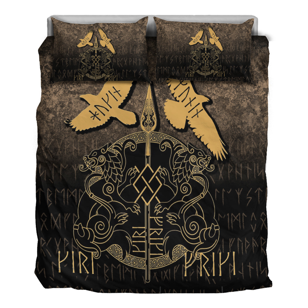 Viking Bedding Set Norse Mythology Spear of Odin Gungnir Runes Geri Freki Huginn Muninn