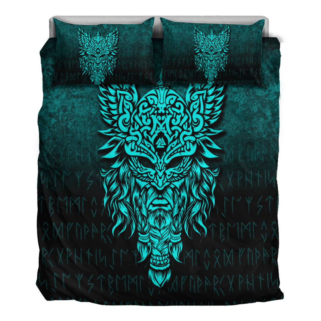 Viking Bedding Set Odin The Allfather Asgard God And Chief Of Aesir Cyan Version