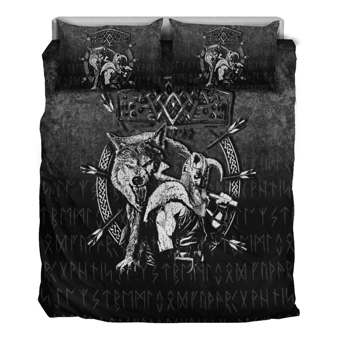 Viking Bedding Set Fenrir Wolf Of Odin Norse Runes Thor Hammer Mjolnir