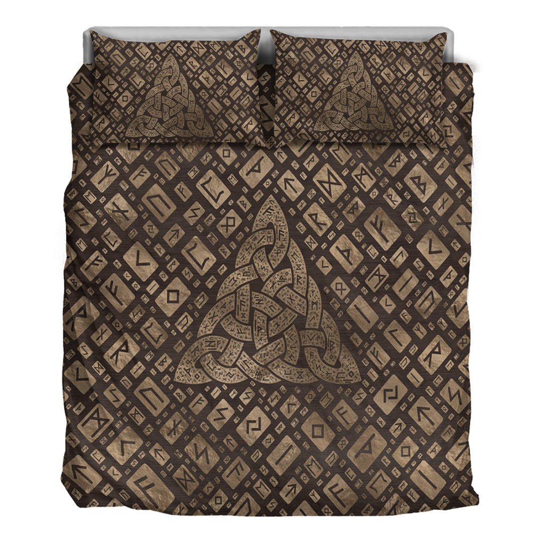 Viking Bedding Set Triquetra & Runic Alphabet Wood and Gold