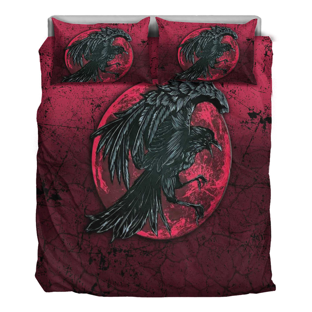 Viking Bedding Set Raven and Blood Moon Brush Style