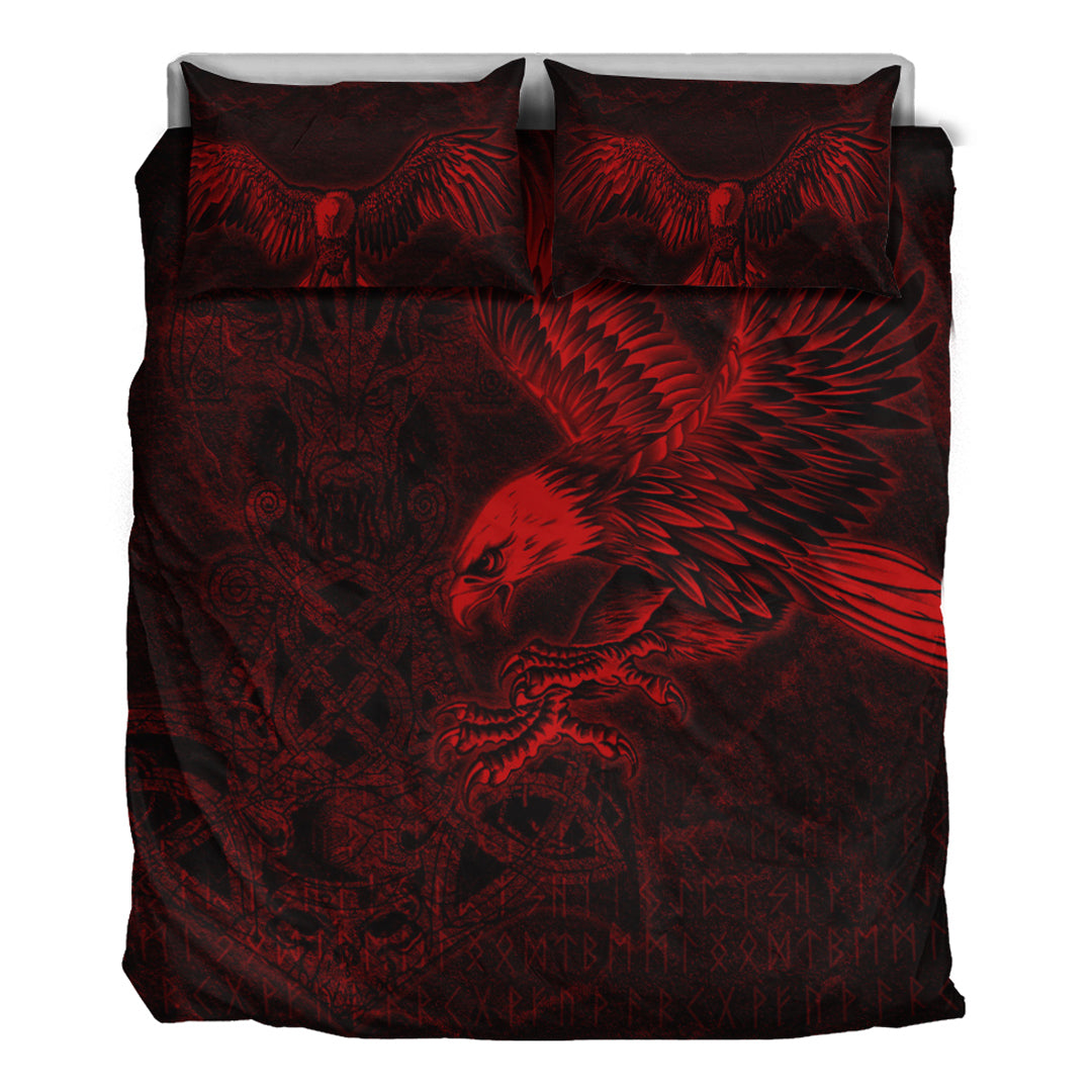 Viking Bedding Set Raven Mjolnir Red