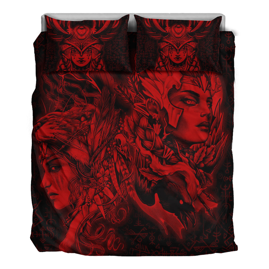 Viking Bedding Set Valkyries And Bear Raven Red Tree Cletic