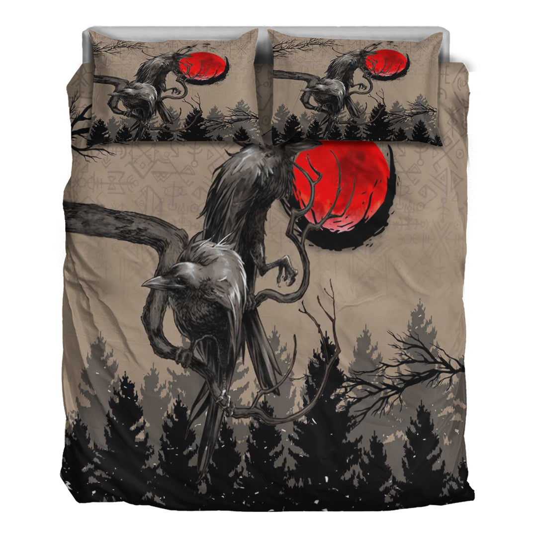 Viking Bedding Set Viking Huginn and Muninn Raven on Tree Branch and Blood Moon