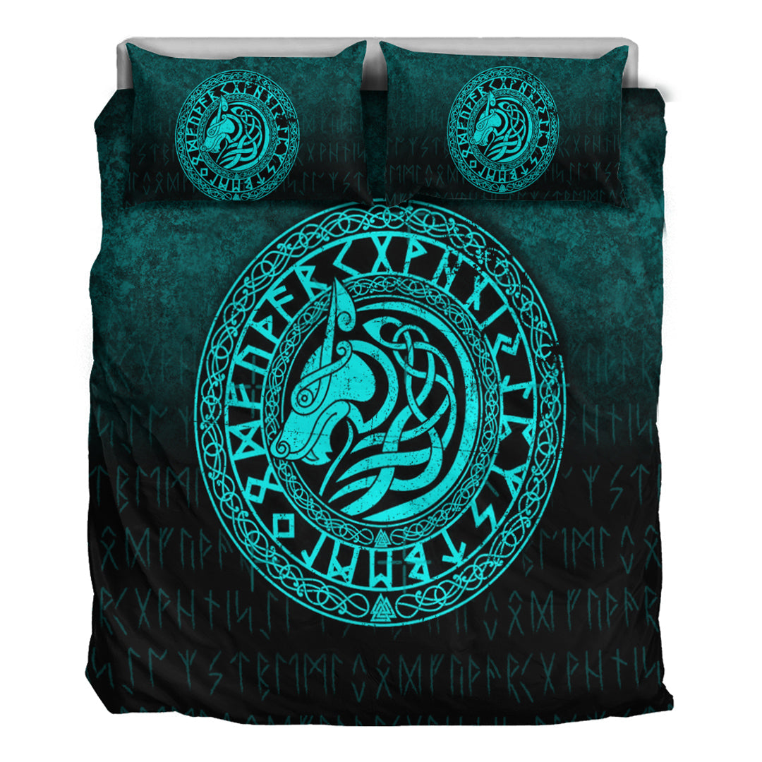 Viking Bedding Set Viking Wolf Cyan Version