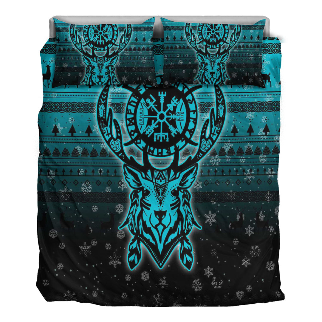 Viking Bedding Set Viking Reindeer Vegvisir Cyan