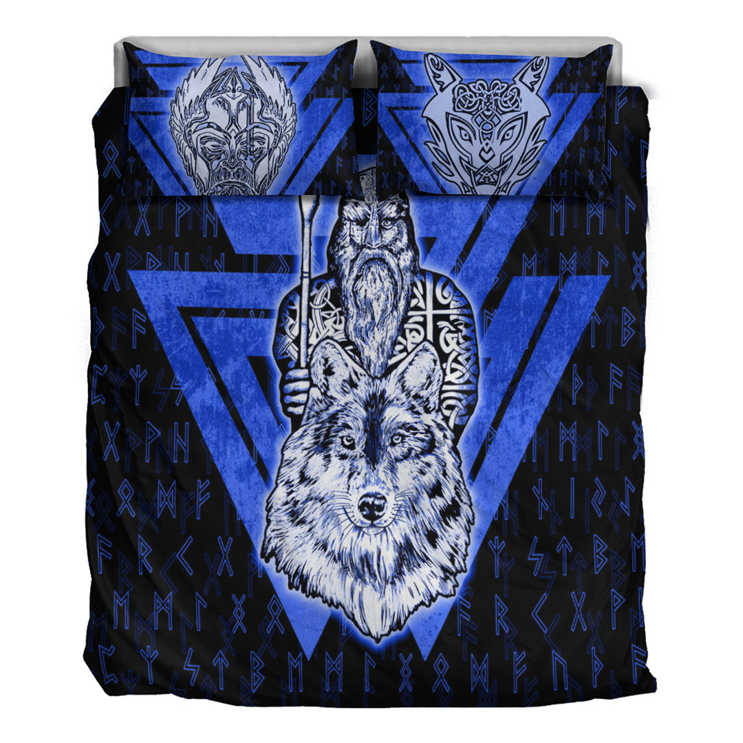 Viking Bedding Set Viking Odin Wolf Blue