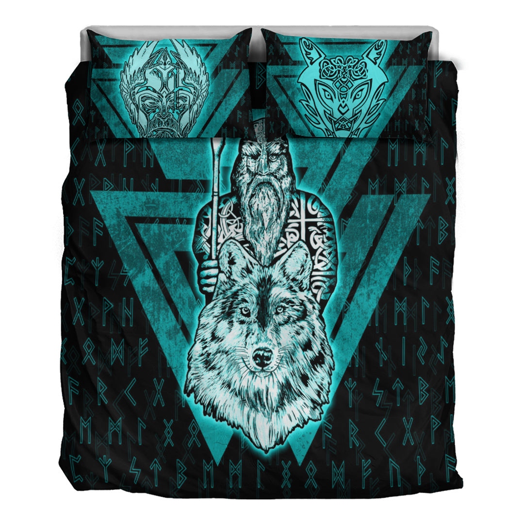 Viking Bedding Set Viking Odin Wolf Turquoise