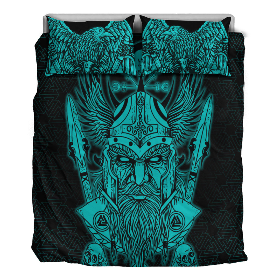 Viking Bedding Set Odin And Raven Turquoise Text Ver01