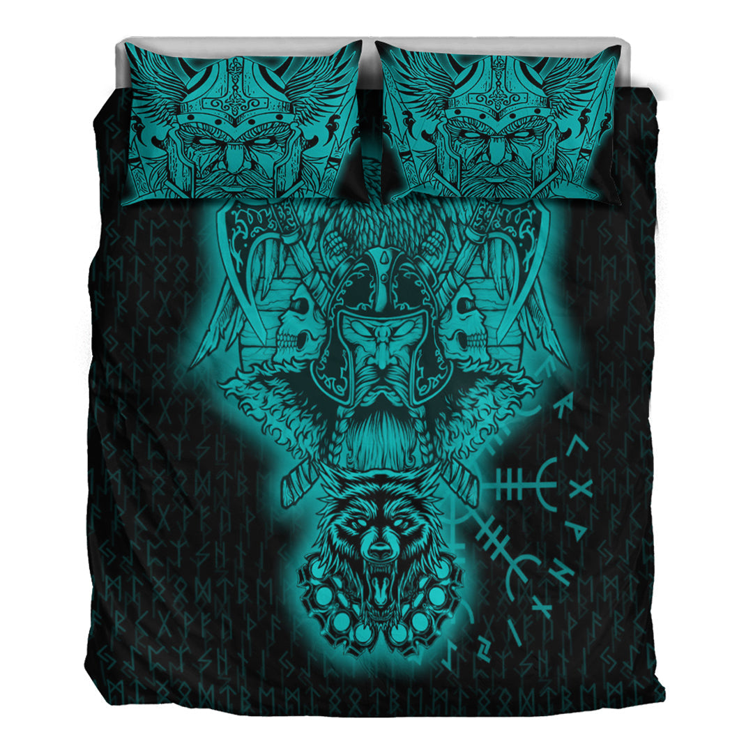 Viking Bedding Set Odin And Raven Wolf Turquoise