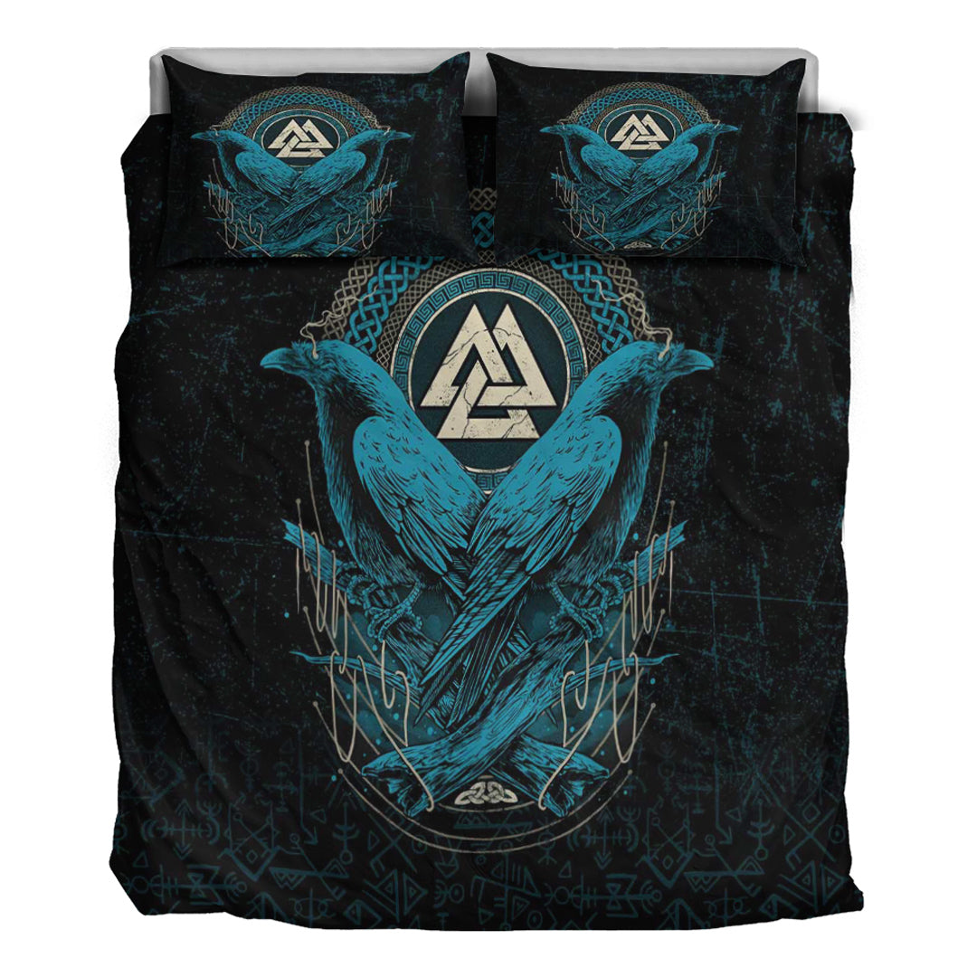 Viking Bedding Set Huginn and Muninn Valknut Cyan Style