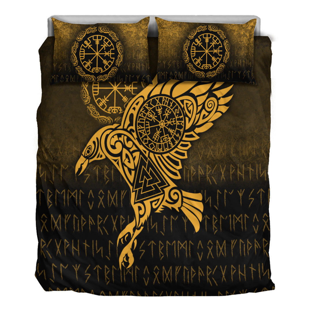 Viking Bedding Set Raven Vegvisir Tattoo Gold Version