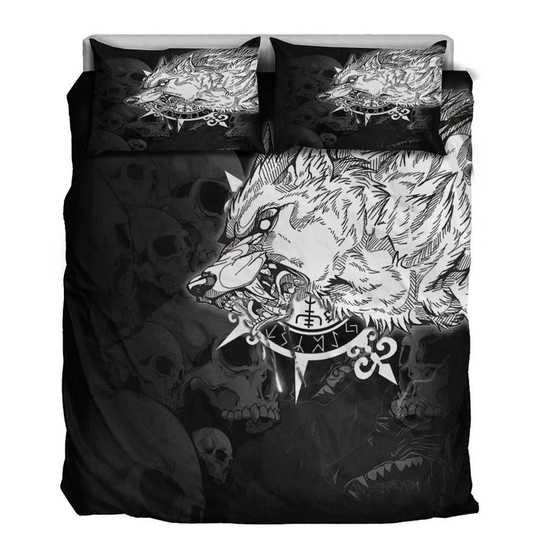 Viking Bedding Set Fenrir Wolf Skull and Sun Vegvisir