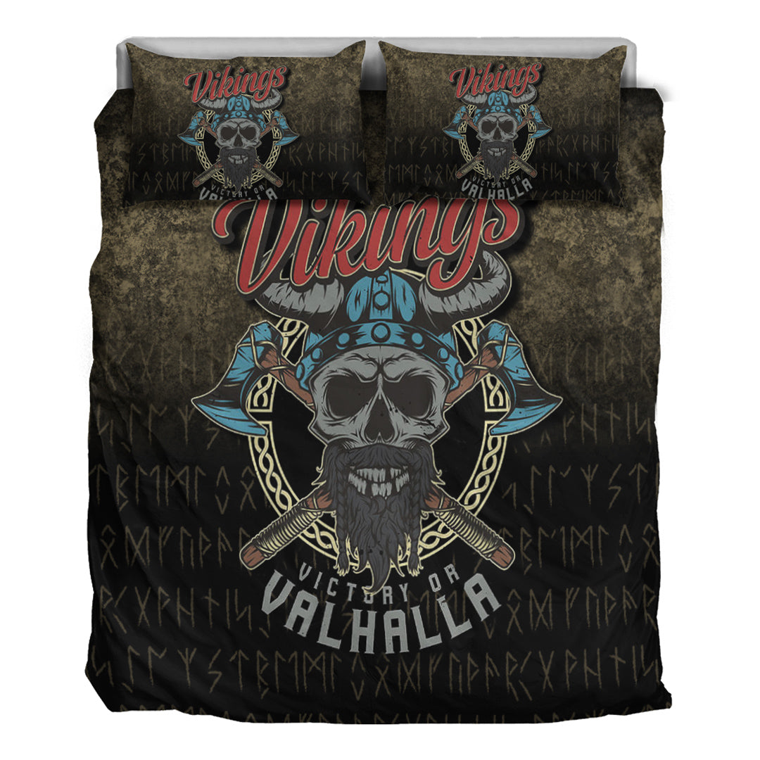 Viking Bedding Set Vikings Victory or Valhalla Skull With Crossed Axe