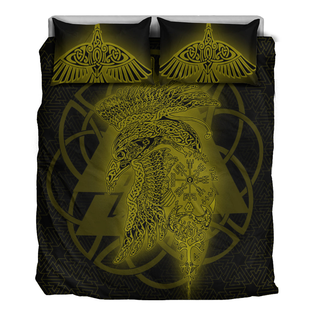 Viking Bedding Set Valknut Raven Gold