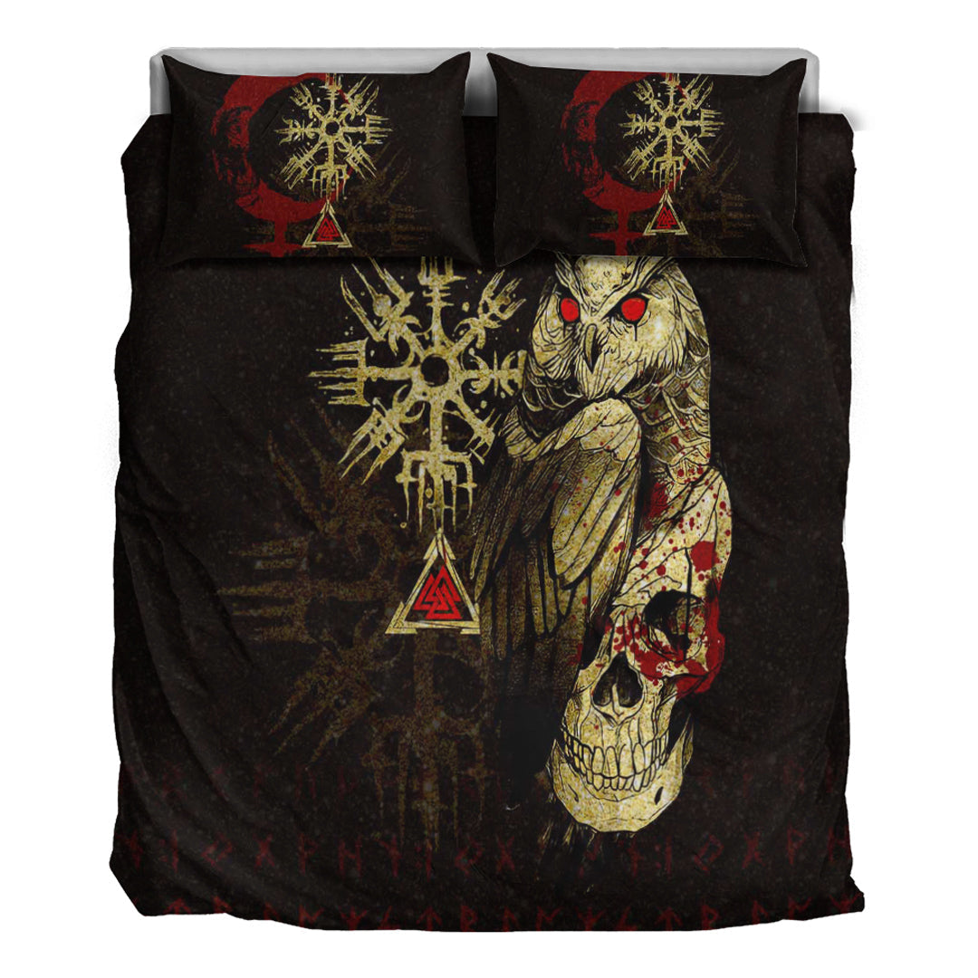 Viking Bedding Set Viking Owl Skull Blood Gold Style