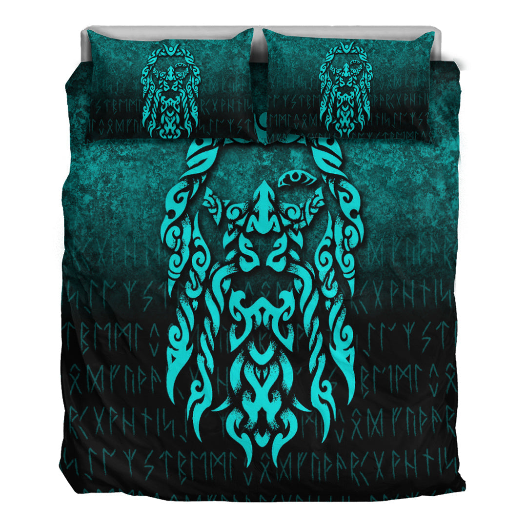 Viking Bedding Set Viking God Odin Allfather In Asgard Raven God Cyan Version