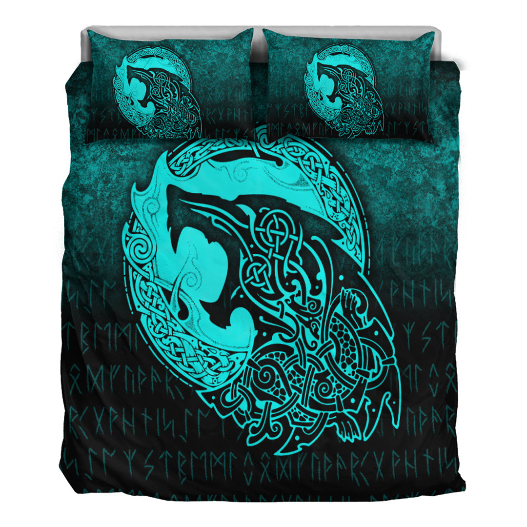 Viking Bedding Set Fenrir Viking 3D Tattoo Cyan Version