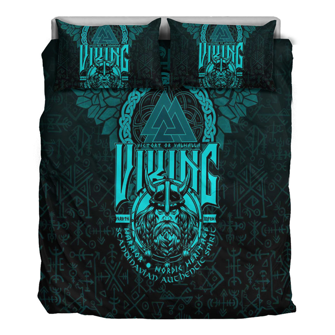 Viking Bedding Set Viking Warriors Valknut Cyan