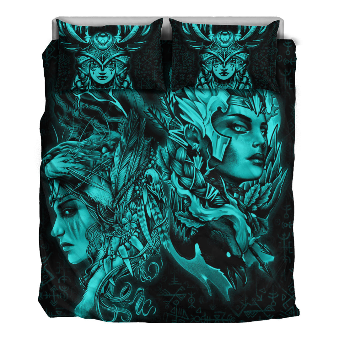 Viking Bedding Set Valkyries And Bear Raven Turquoise Ver02