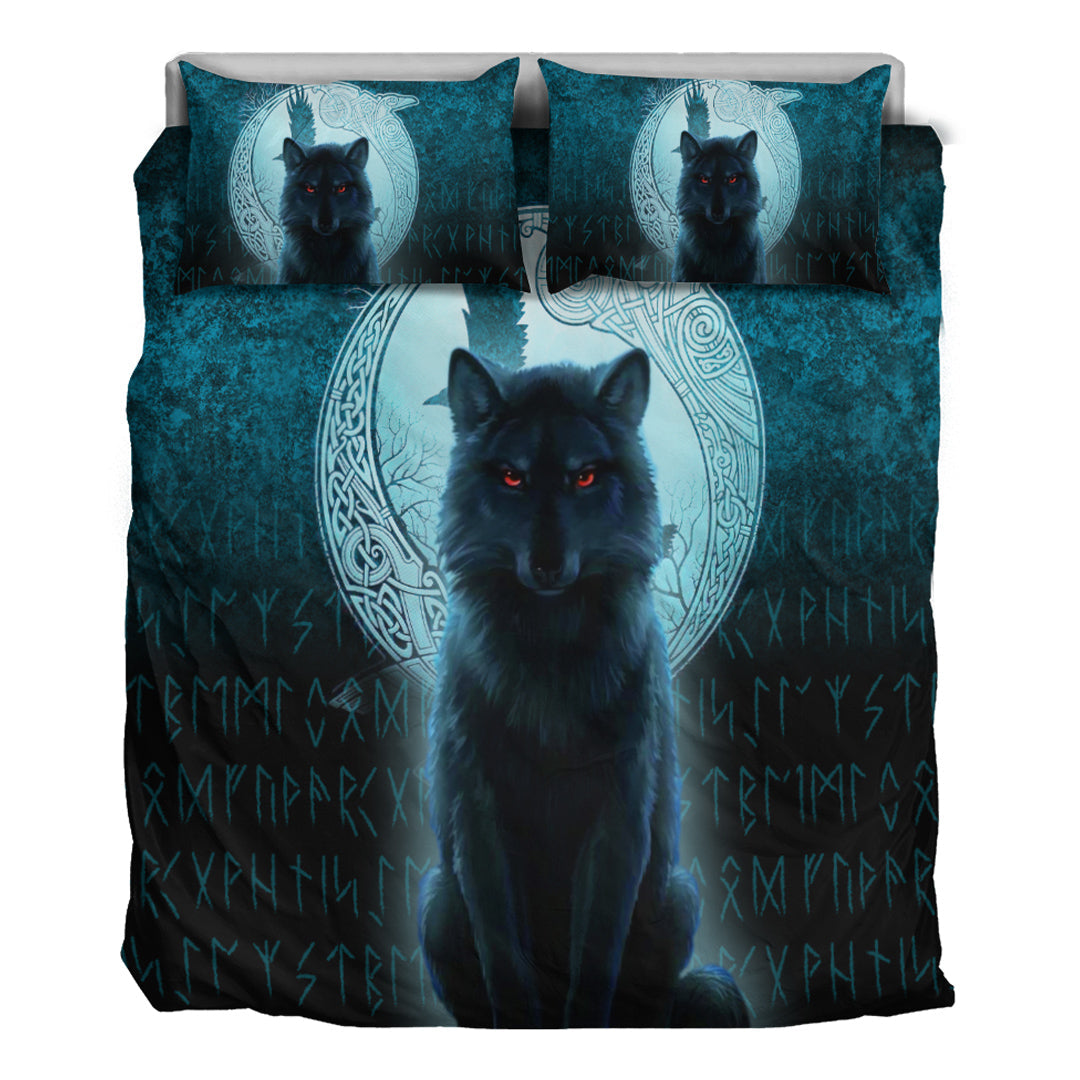 Viking Bedding Set Fenrir Viking Wolf Cyan Version