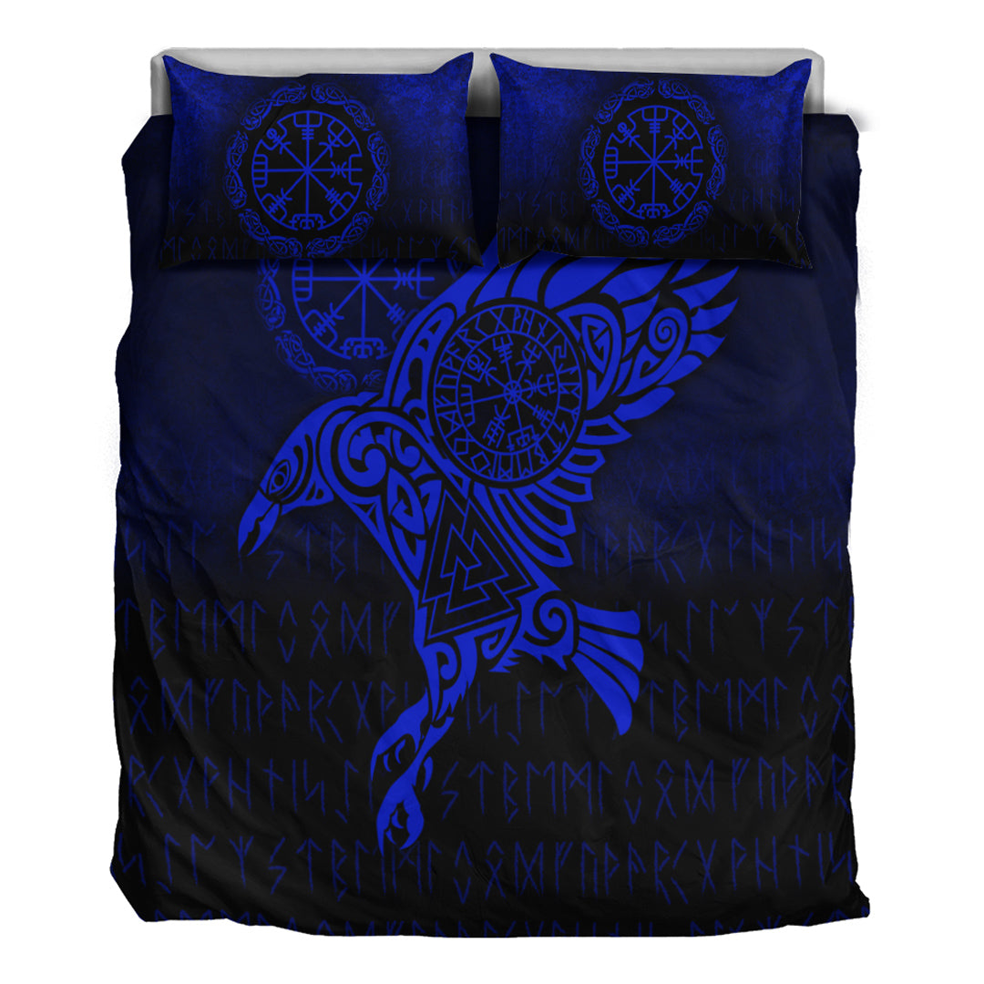 Viking Bedding Set Raven Vegvisir Tattoo Blue Version