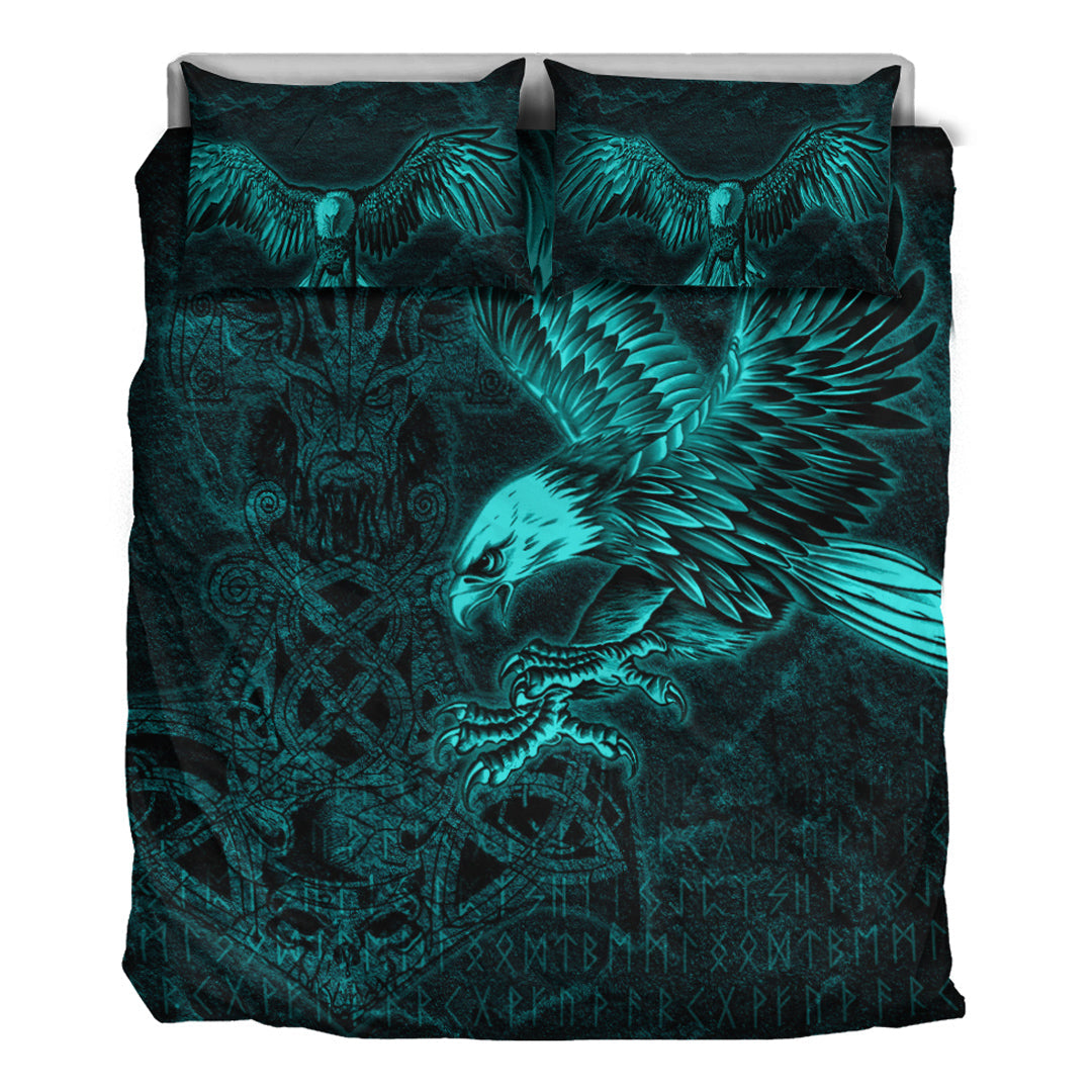 Viking Bedding Set Raven Mjolnir Turquoise Tree Cletic