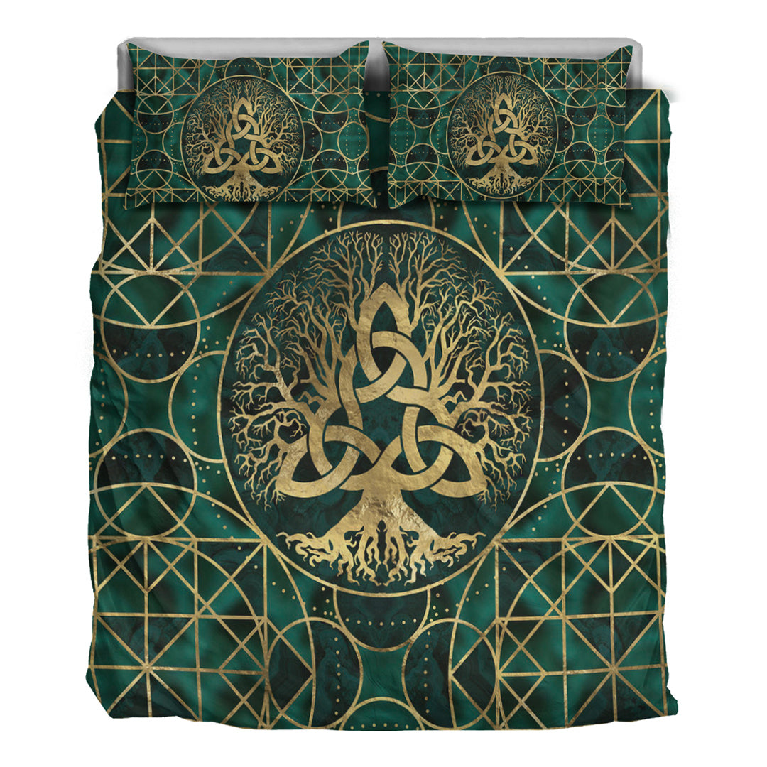 Viking Bedding Set Tree of Life with Triquetra Malachite and Gold