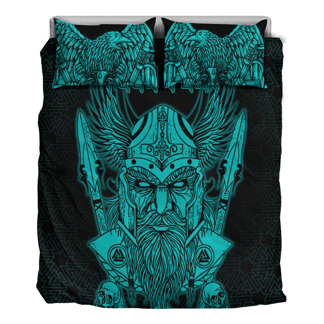 Viking Bedding Set Odin And Raven Turquoise Text Ver02