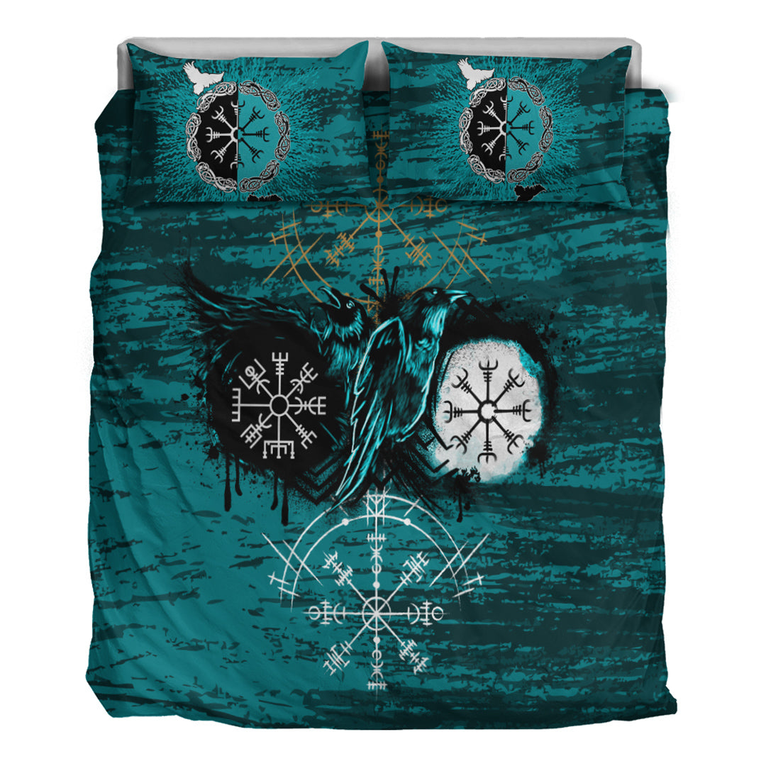 Viking Bedding Set Raven of Odin and Symbol Viking Style Cyan