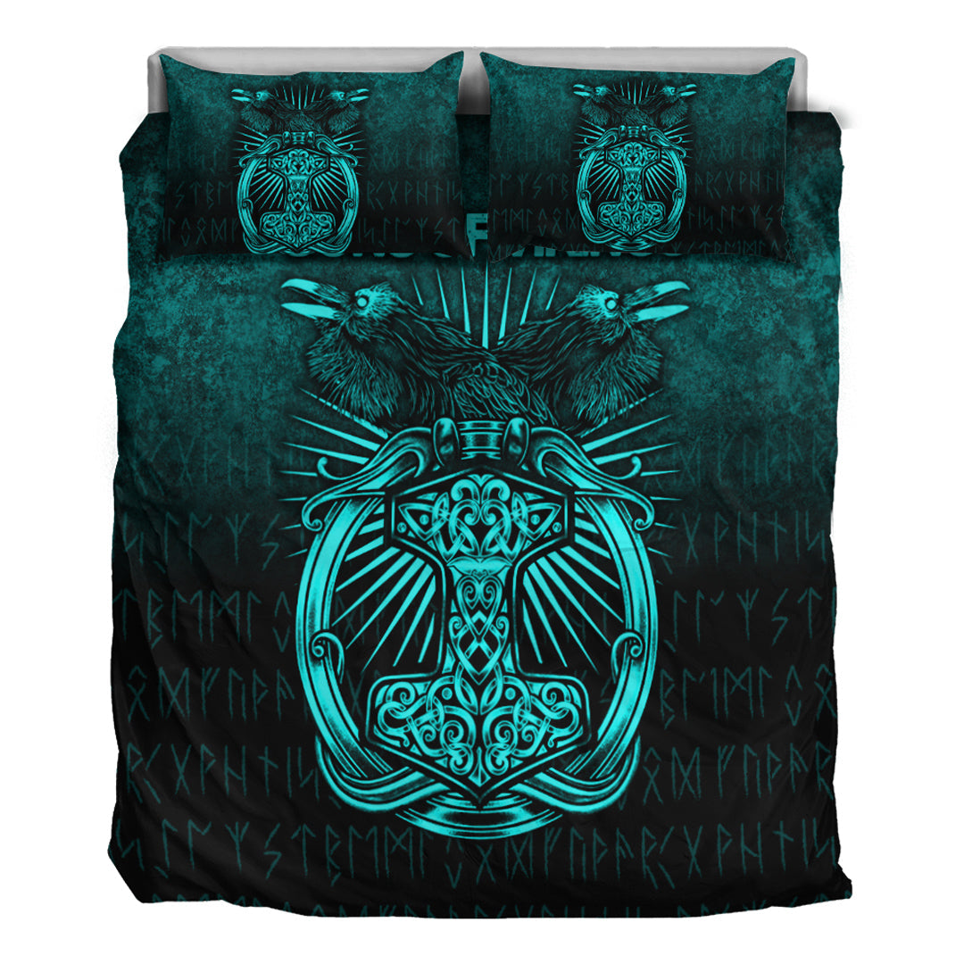 Viking Bedding Set Vikings Ravens Mjolnir Cyan Version