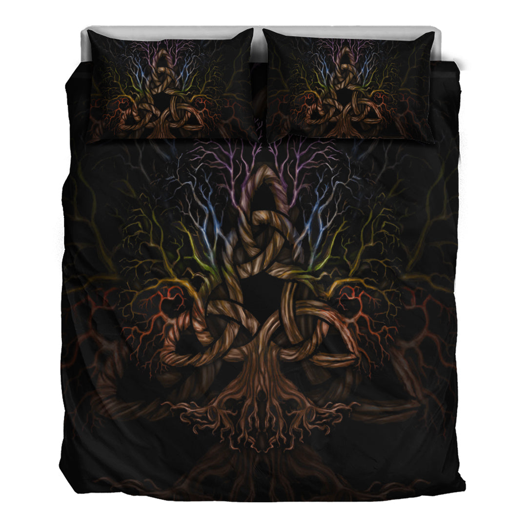 Viking Bedding Set Colorful Tree of Life With Triquetra