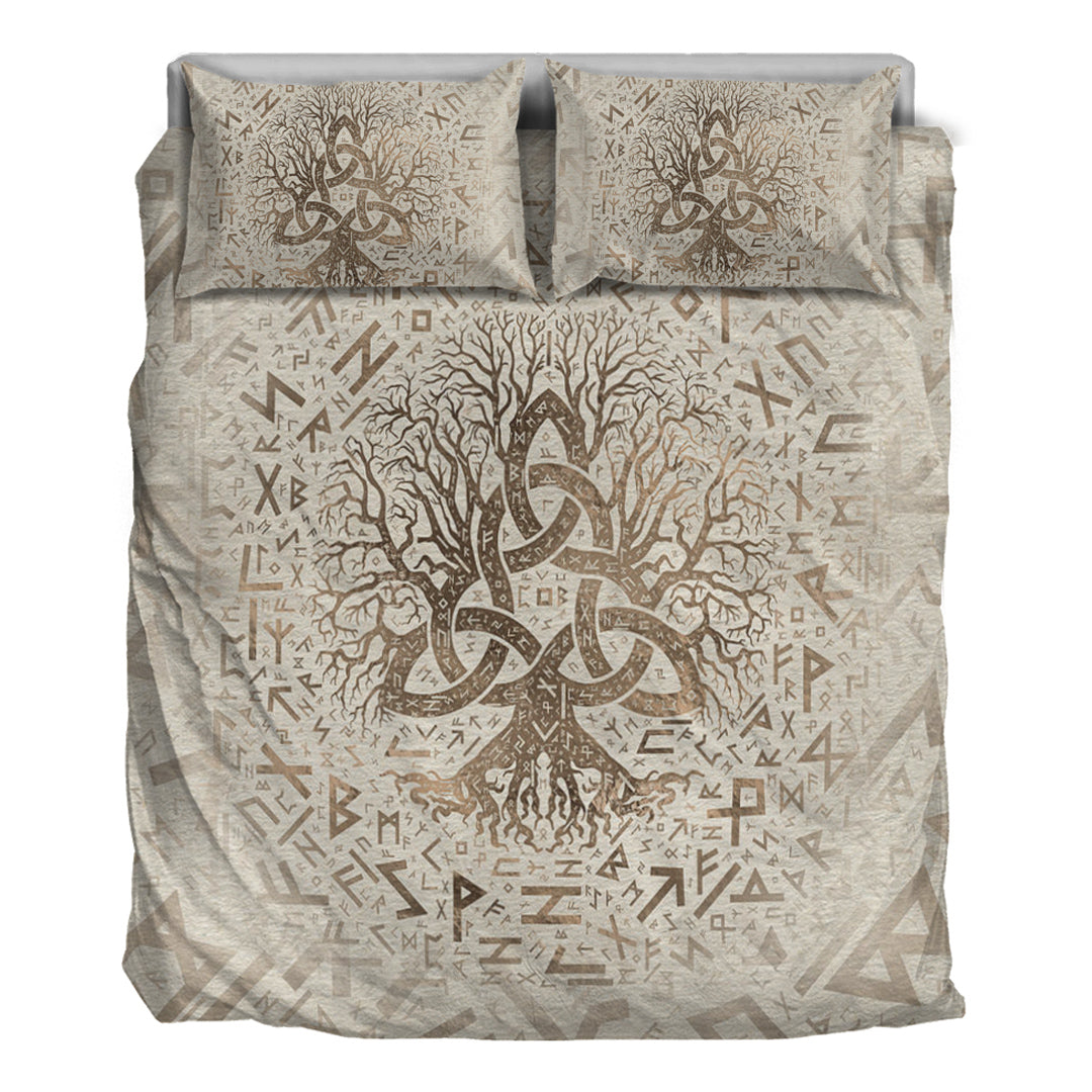 Viking Bedding Set Tree of Life with Triquetra and Futhark Pastel Gold