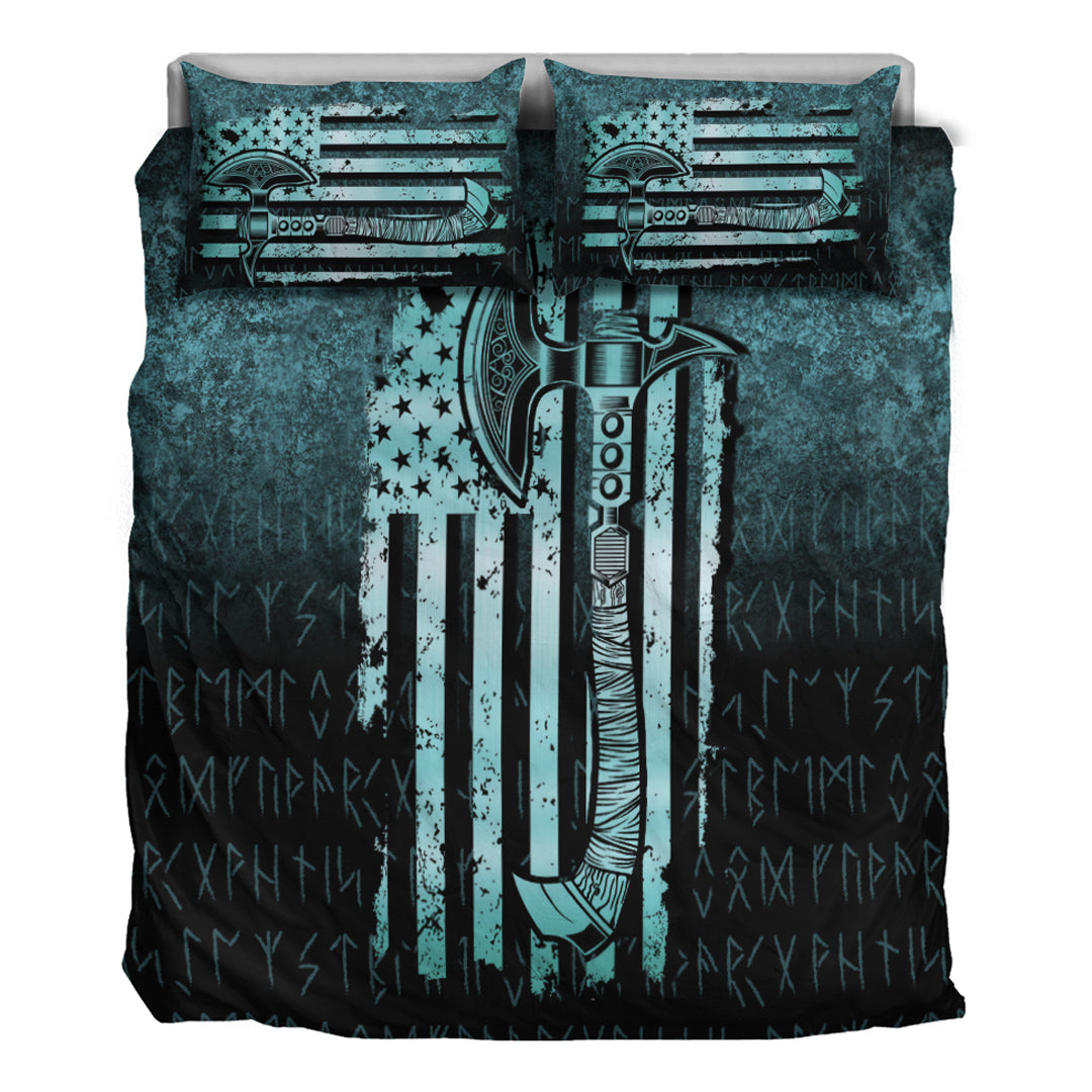 Viking Bedding Set USA Flag Viking Cool American Norsemen Cyan Version