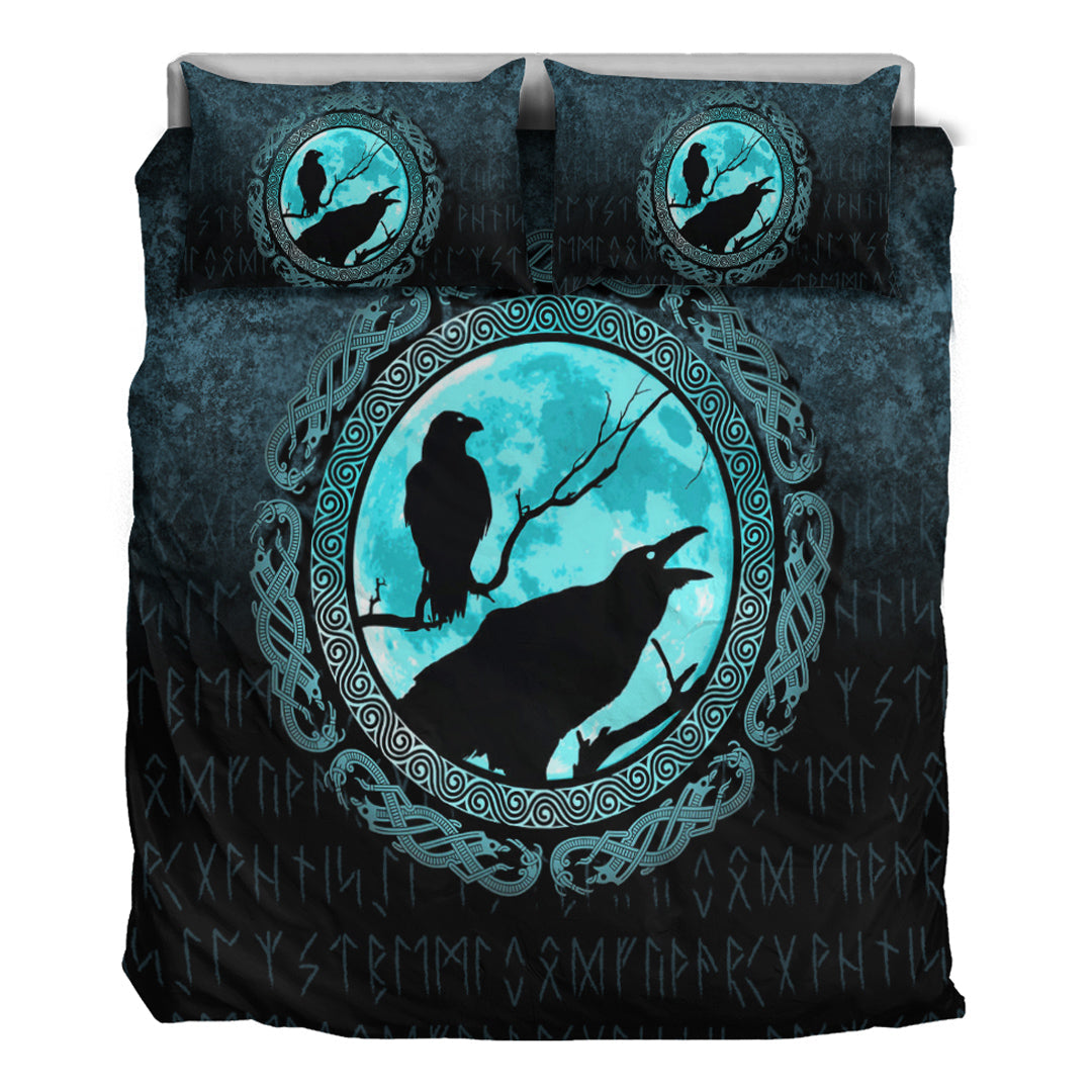 Viking Bedding Set Vikings Huginn Muninn Odin’s Ravens Cyan Version