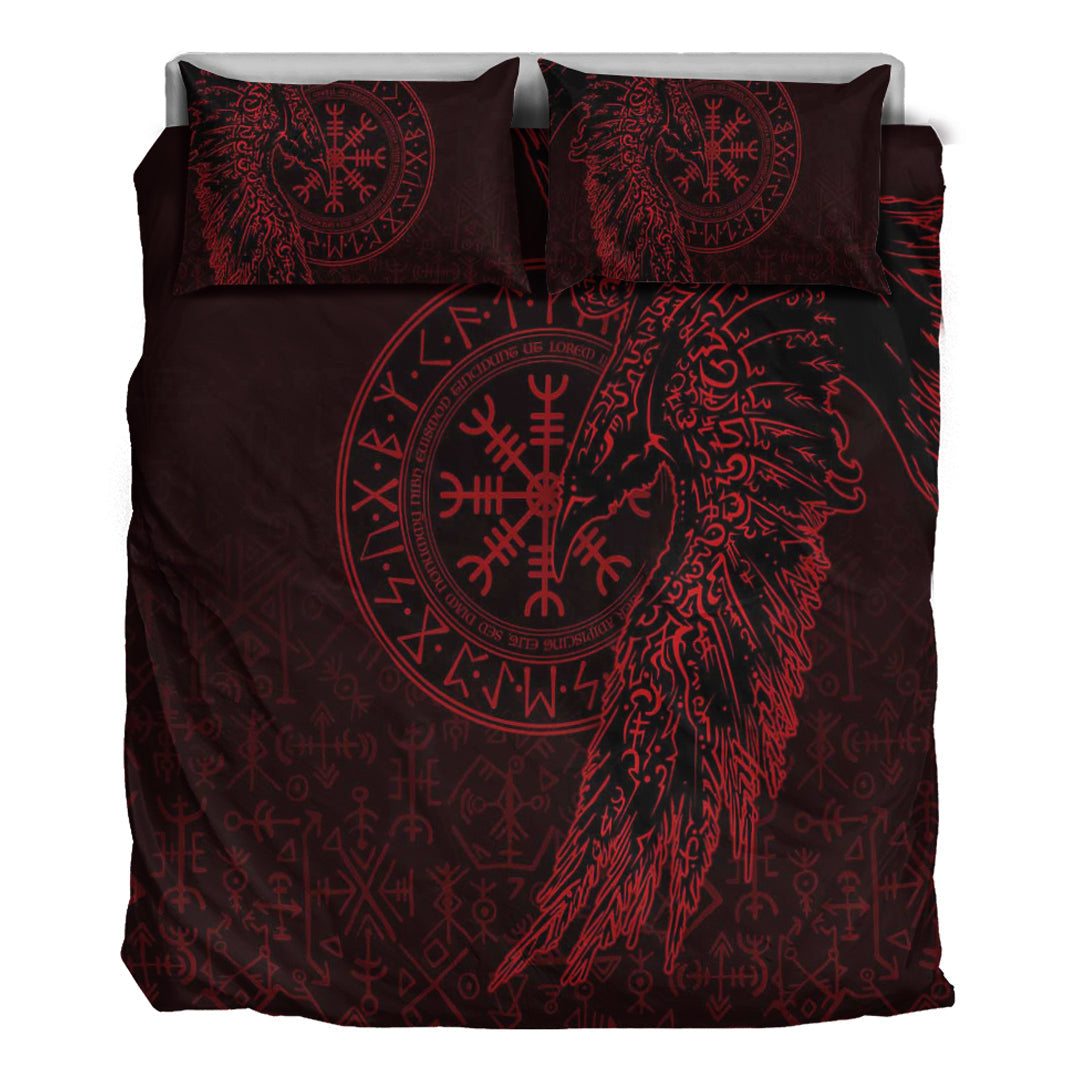 Viking Bedding Set Raven and Helm of Awe Red