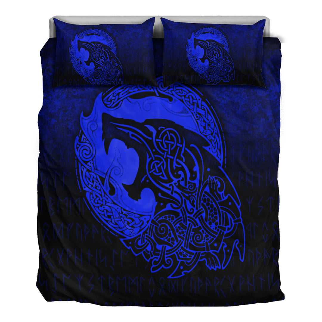 Viking Bedding Set Fenrir Viking 3D Tattoo Blue Version