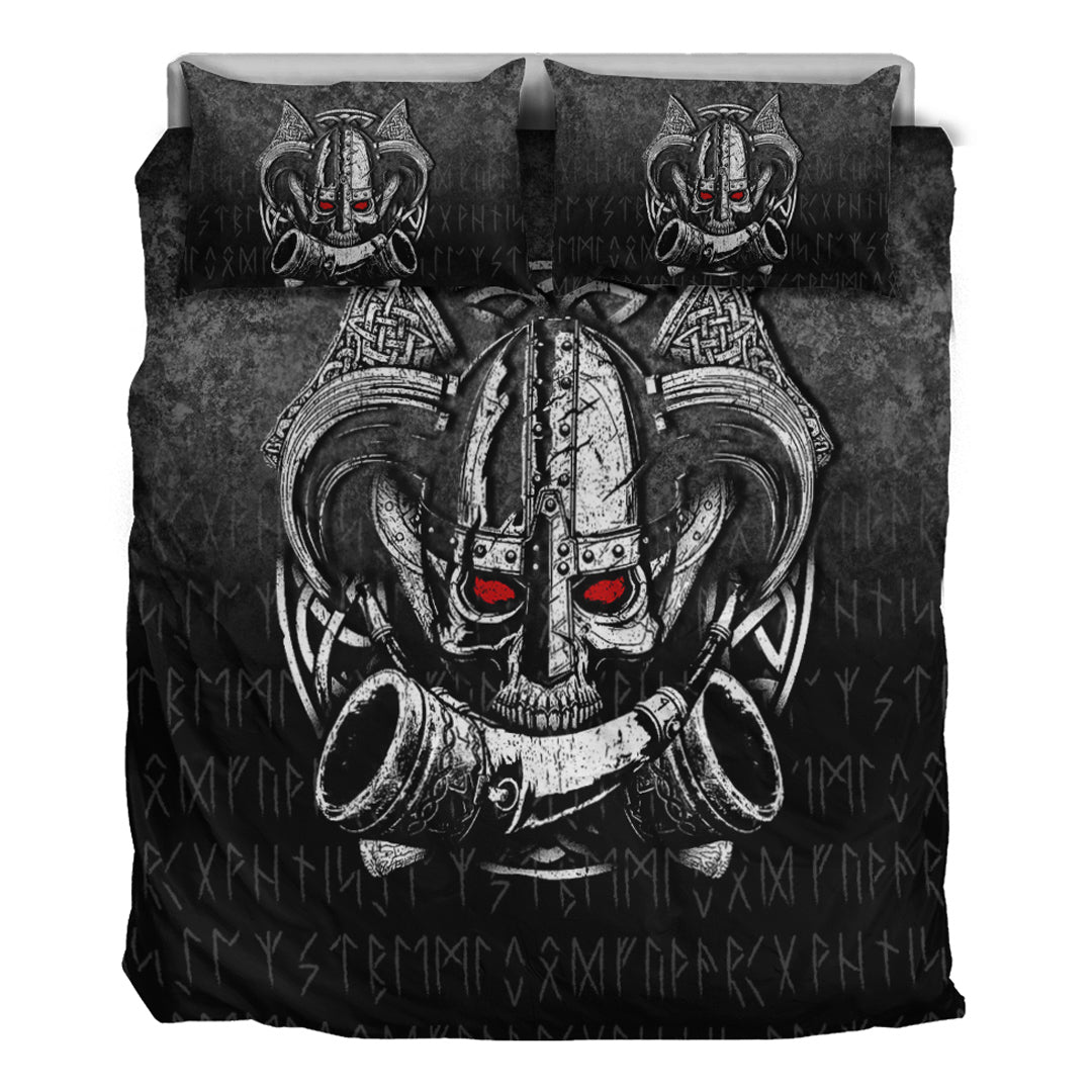 Viking Bedding Set Nordic Mythology Skull Mead Horn Warrior Runes Style