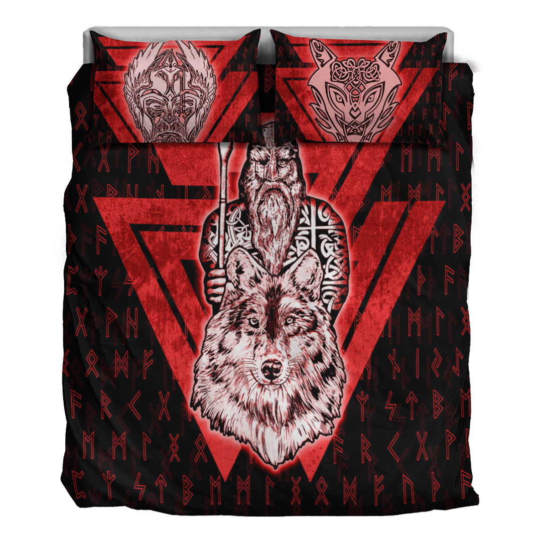 Viking Bedding Set Viking Odin Wolf Red