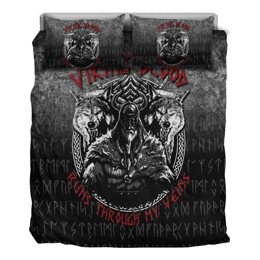 Viking Bedding Set Odin Geri And Freki Wolfs Viking Blood Runs Through My VeinsBedding Set