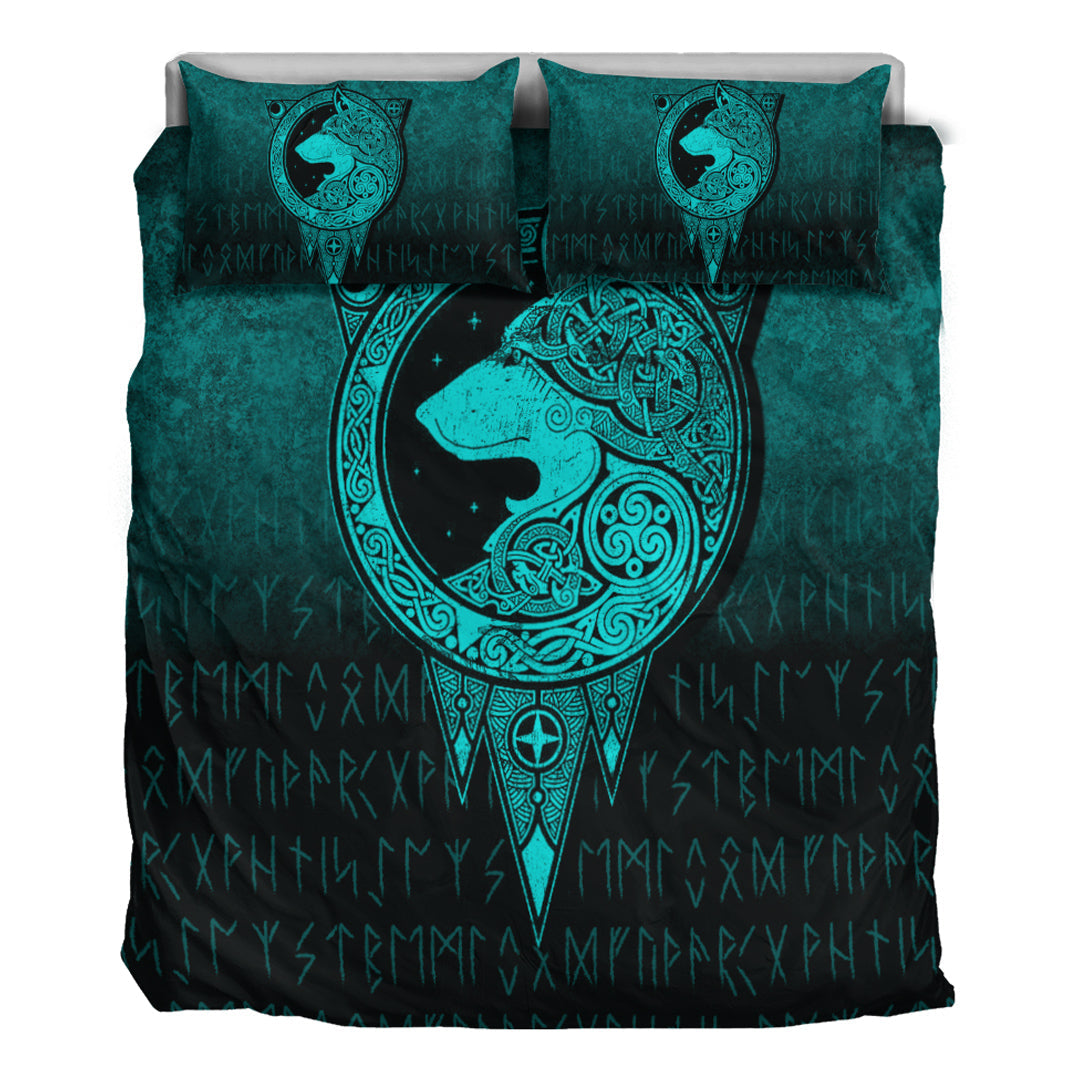 Viking Bedding Set Viking Norse Wolf Cyan Version