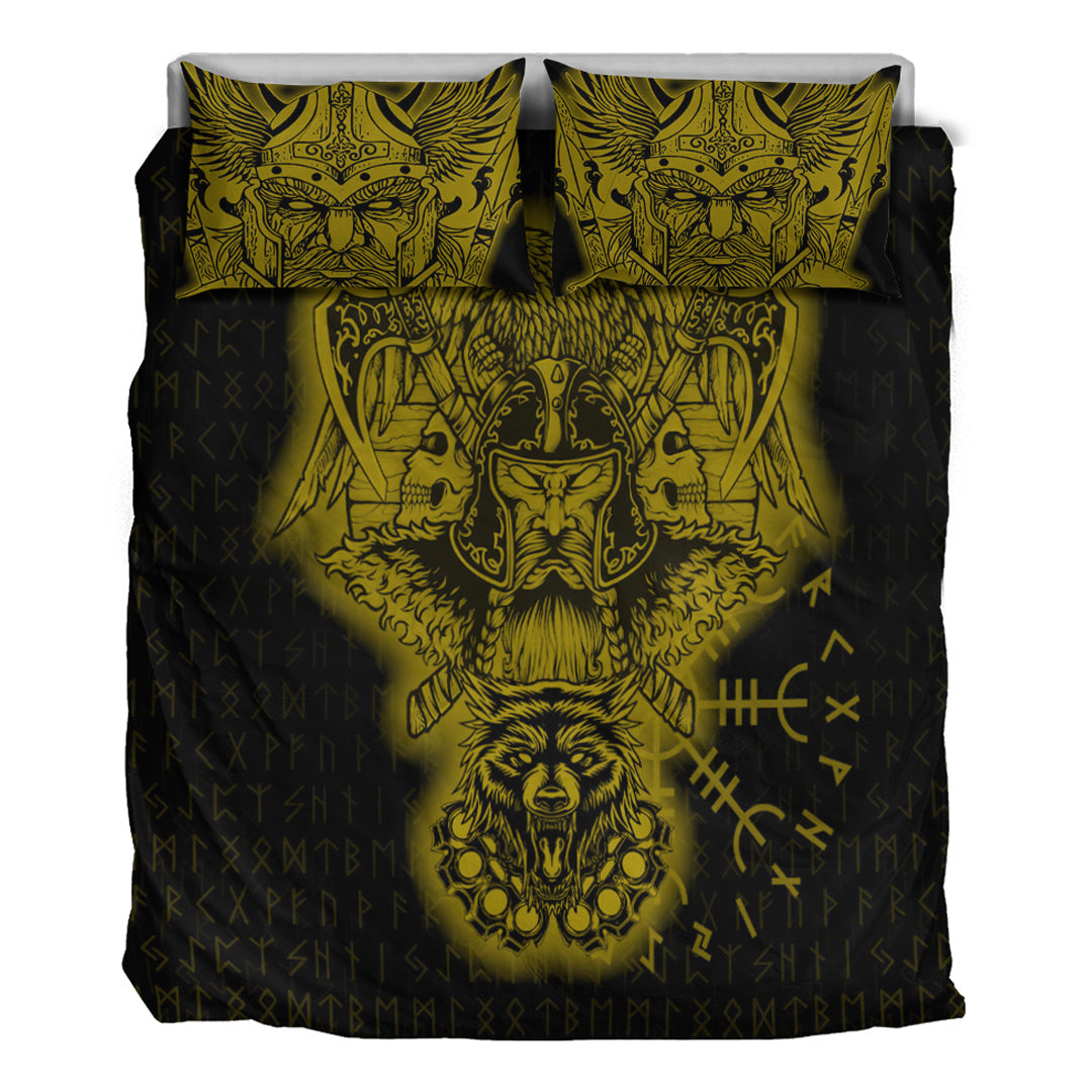 Viking Bedding Set Odin And Raven Wolf Gold