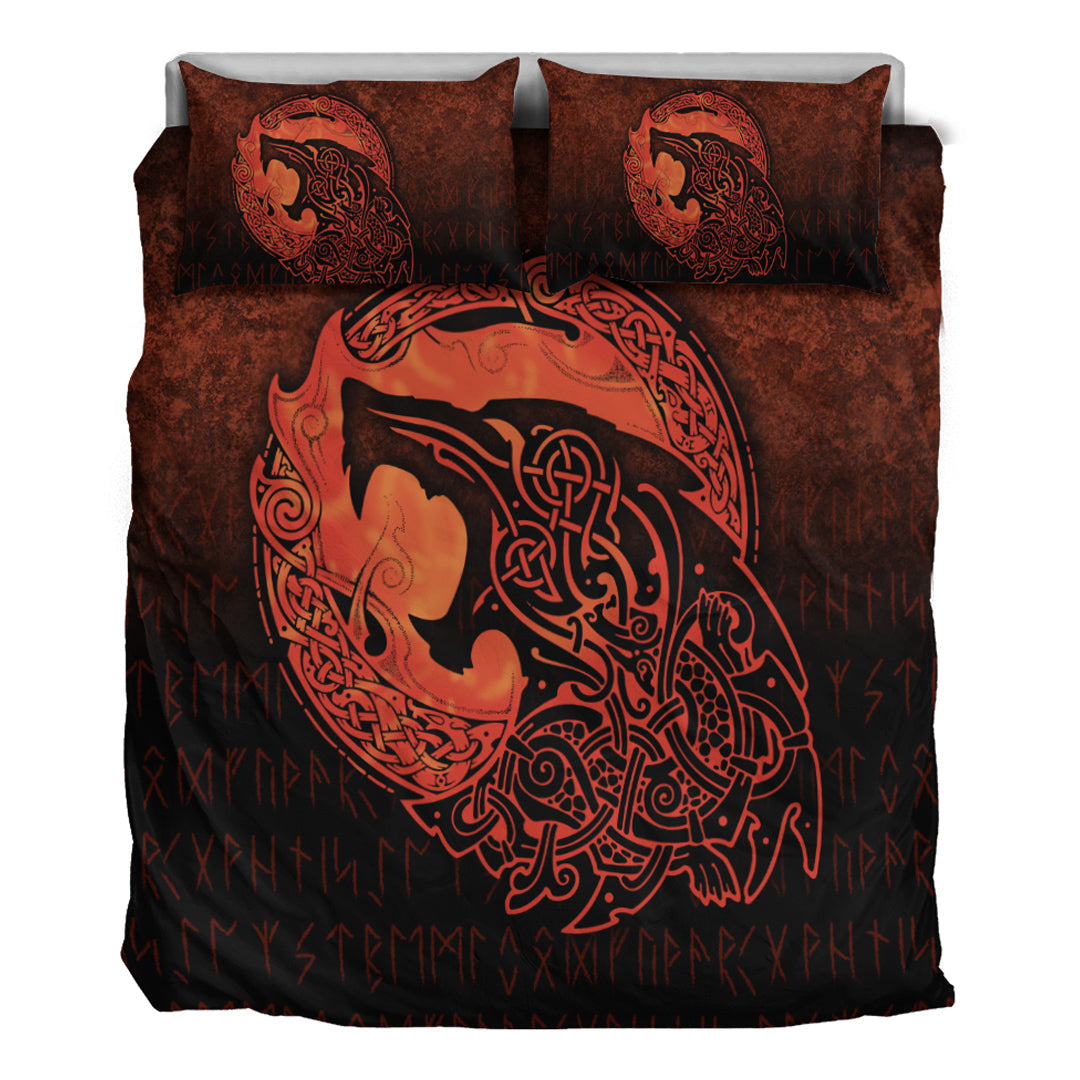 Viking Bedding Set Fenrir Viking 3D Tattoo Orange Version