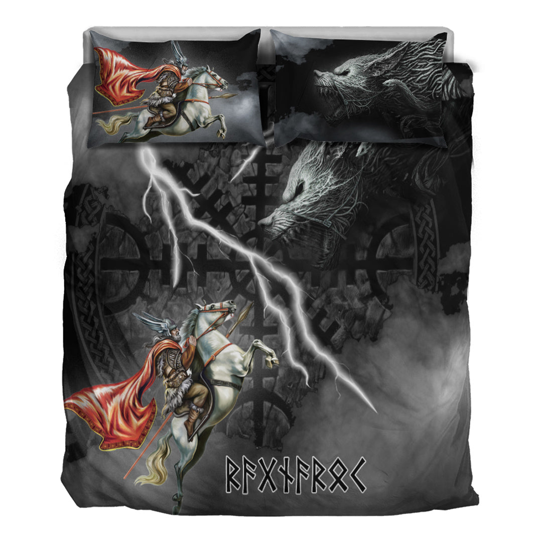 Viking Bedding Set Odin and Fenrir Thunder Background