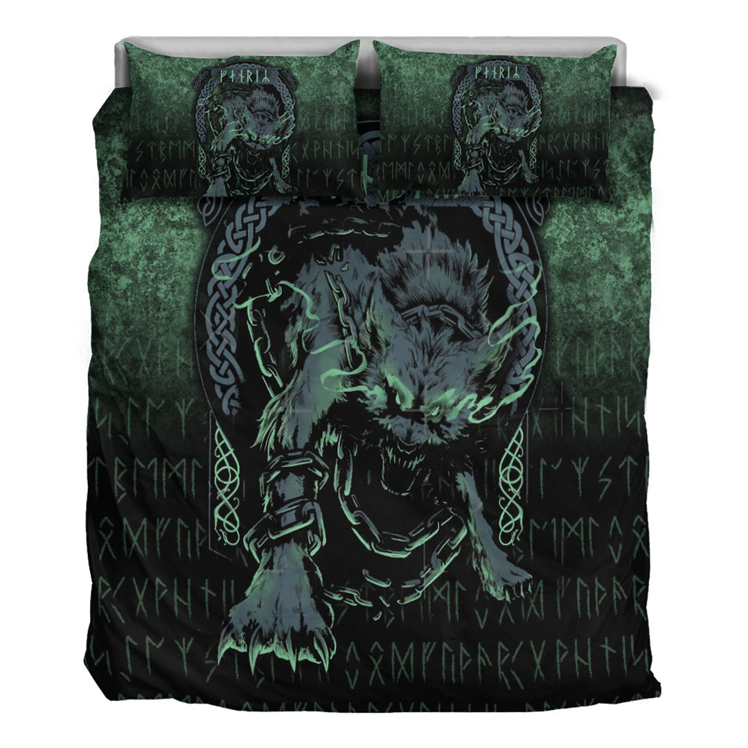 Viking Bedding Set Fenrir Wolf Norse Futhark Runes Viking Mythology Ragnarok Green