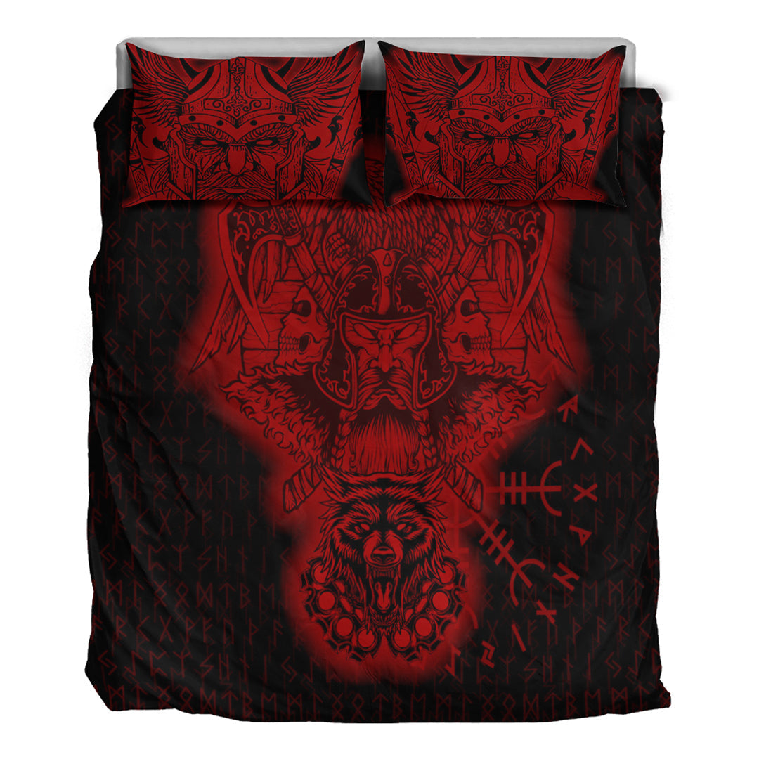 Viking Bedding Set Odin And Raven Wolf Red