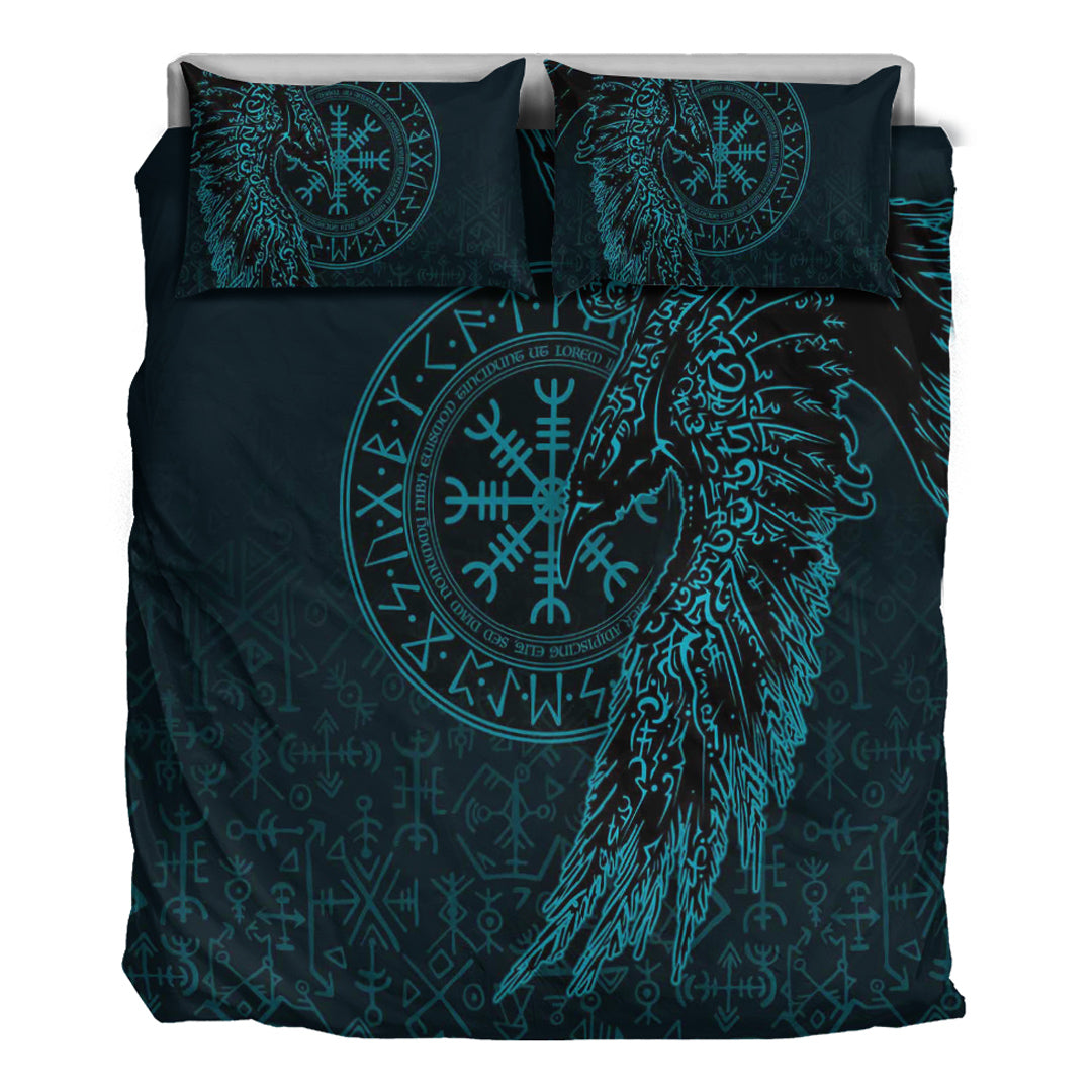 Viking Bedding Set Raven and Helm of Awe Cyan