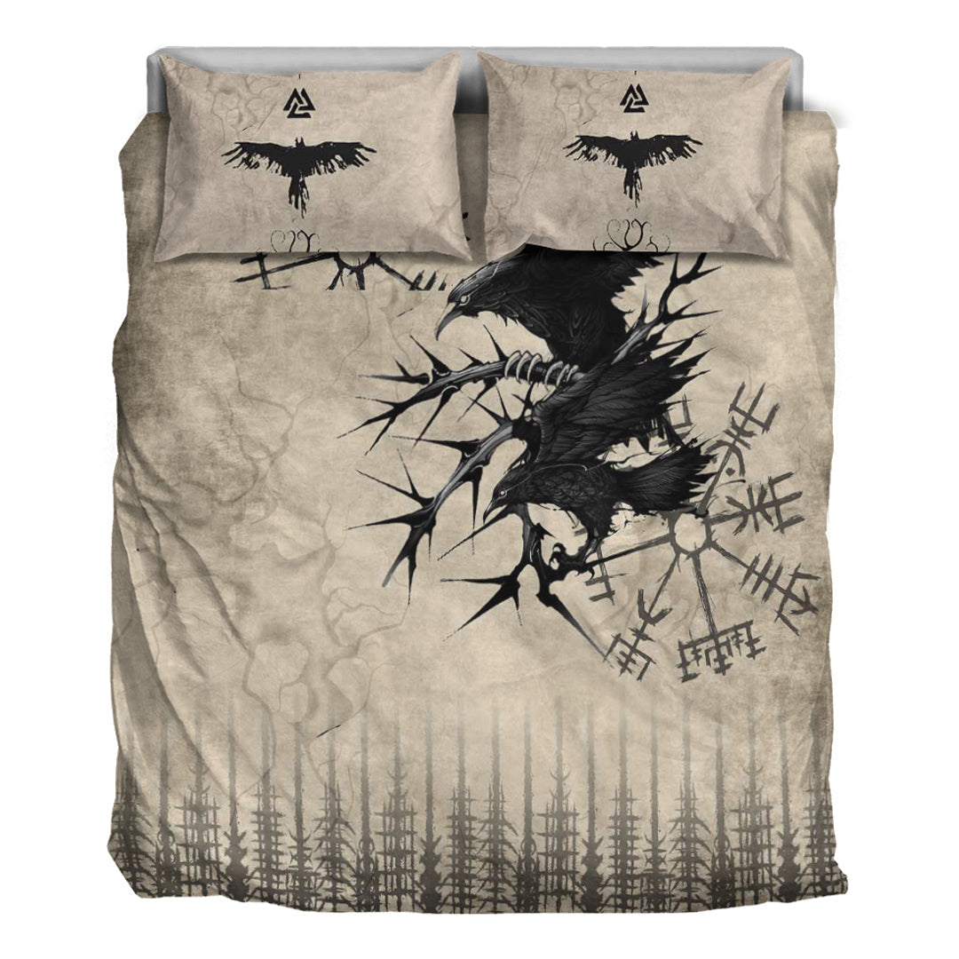 Viking Bedding Set Raven and Vegvisir Vintage Style